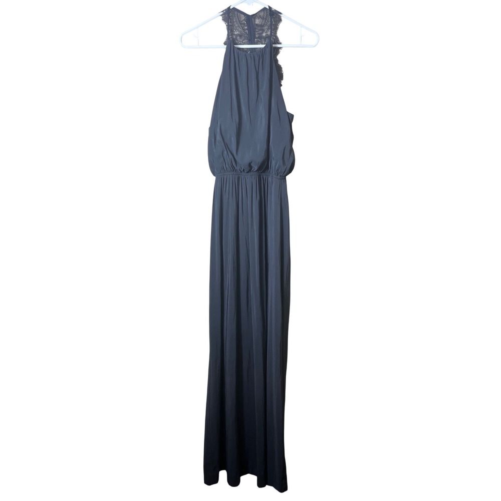 H&M Charcoal Black Lace Back Halter Maxi Dress Size 4 Goth Romantic Formal Event